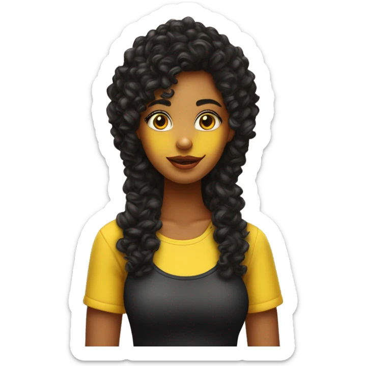 Chica con ojos café cabello negro rizado color de piel morena y con top amarillo  sticker