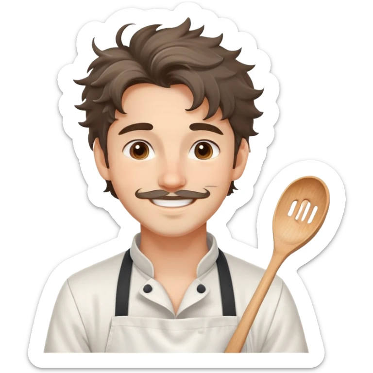 Attractive chef boyfriend with messy apron, tousled hair, playful smile. flour on cheeks, romantic sticker