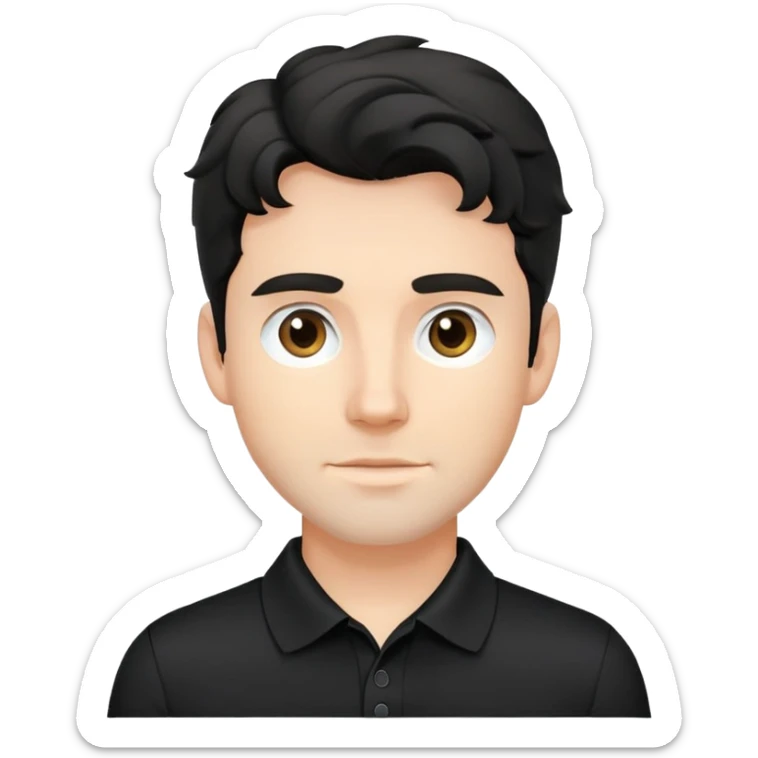 Caucasian man with black wavy hair wearing a black polo shirt sticker