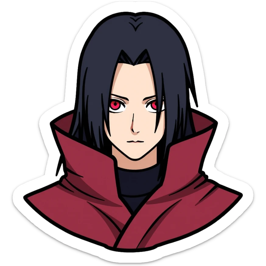 Itachi Uchiha with long black hair, Sharingan eyes, facial lines under his eyes, wearing Akatsuki cloak sticker