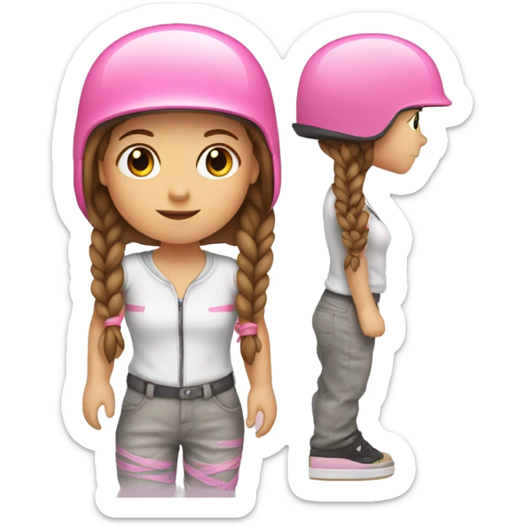 little white girl, brown hair with braids, with pink helmet skateboarding sticker