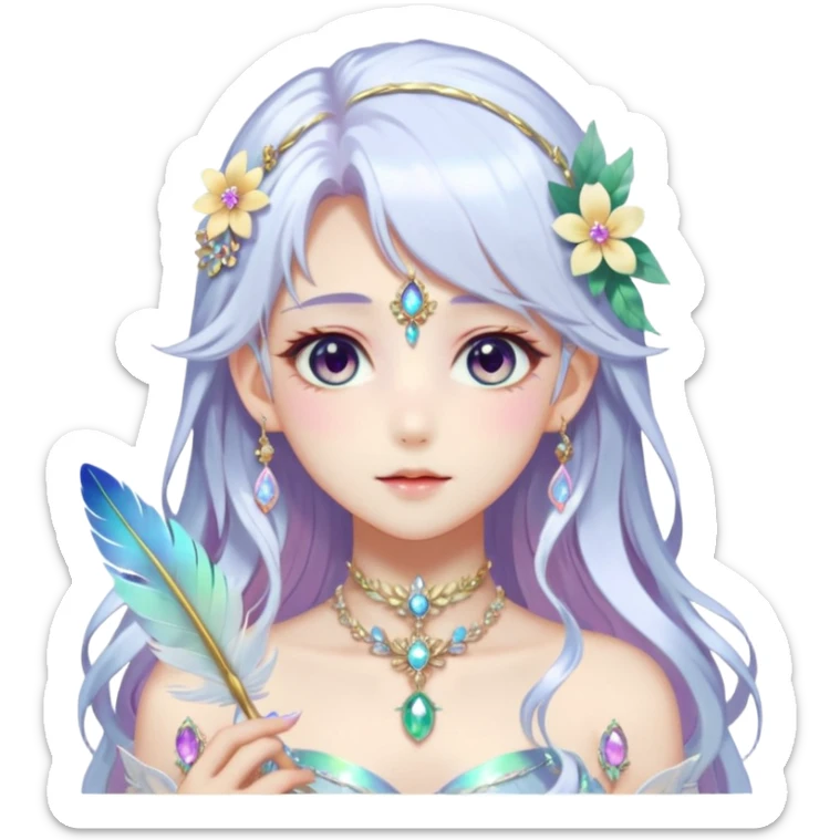 Beautiful gorgeous anime lady with beautiful iridescent-white-special-hair, fashion aesthetic, ethereal, fairycore, pastelcore, feather, flower, gems, accessories, jewelries, gold, colorful sticker