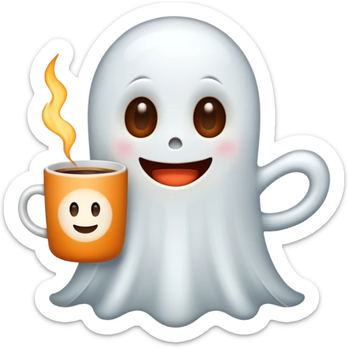 
a cute ghost holding a mug of hot coffee
 cartoon -style/cute and transparent for a sticker 
 sticker