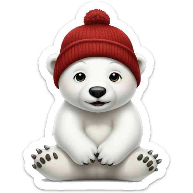 Baby Polar bear wearing a dark red beanie on top of its head. Full body of the polar bear. The polar bear is sitting down. sticker