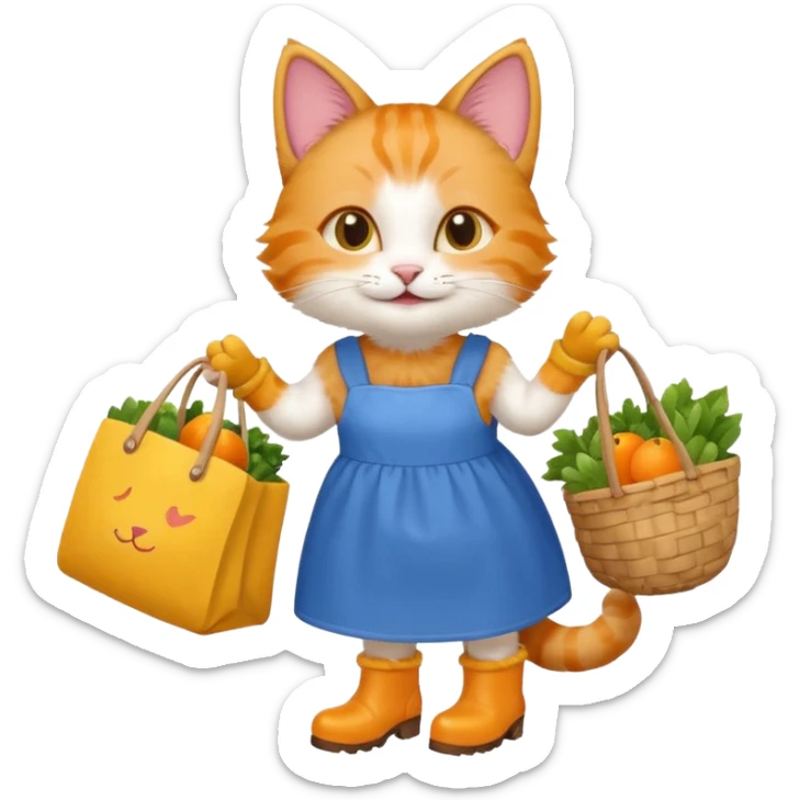 smiling-cat-in-a-blue-dress,-yellow-boots,-carrying-a-market-bag sticker