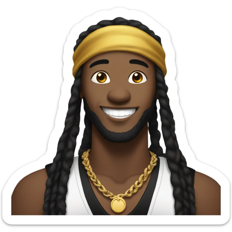 Kai Cenat with black dreadlocks with durag on and a big smile wearing black shirt and gold chain sticker
