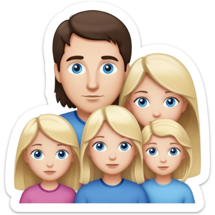 Family portrait with father with dark brown hair and blue eyes, mother with light brown hair and blue eyes, three blonde little girls with blue eyes sticker