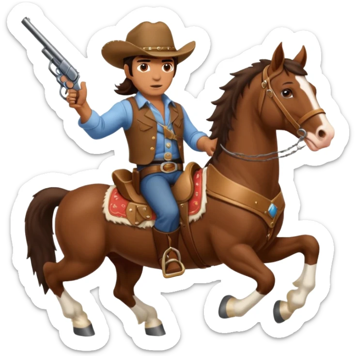 I need a very muscular brunette cowboy riding a large Clydesdale horse shooting a gun in both handles. sticker