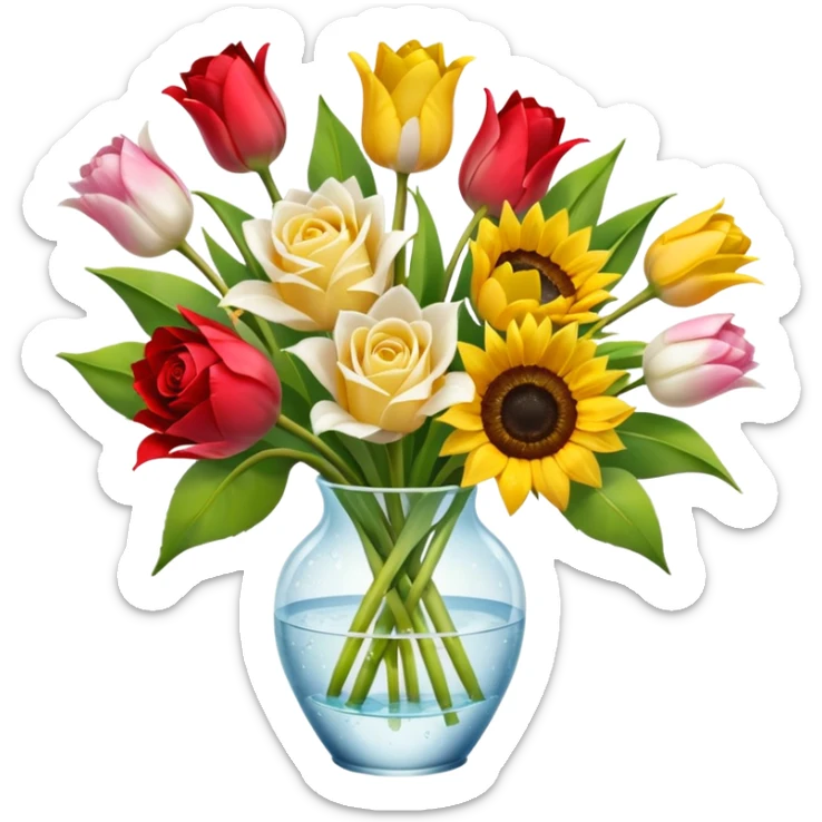 A mix bouquet of red, yellow and white roses, Sunflowers and white and pink Tulips sticker