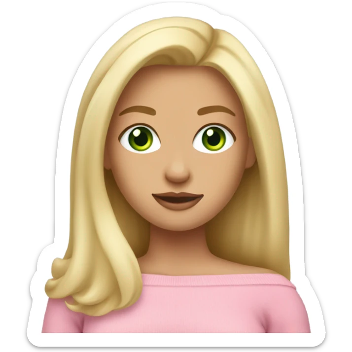 blonde girl with green eyes, smooth skin, pink off shoulder sweater, long blow out hair sticker