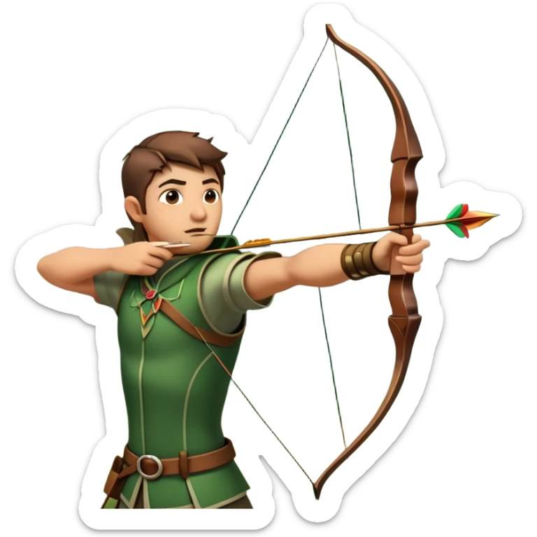 A skilled archer, resembling Robin Hood, drawing a bow and releasing an arrow towards a target. The scene captures the perfect moment of release, with the bowstring taut and the arrow flying toward the bullseye, set in a forest or archery range background. sticker