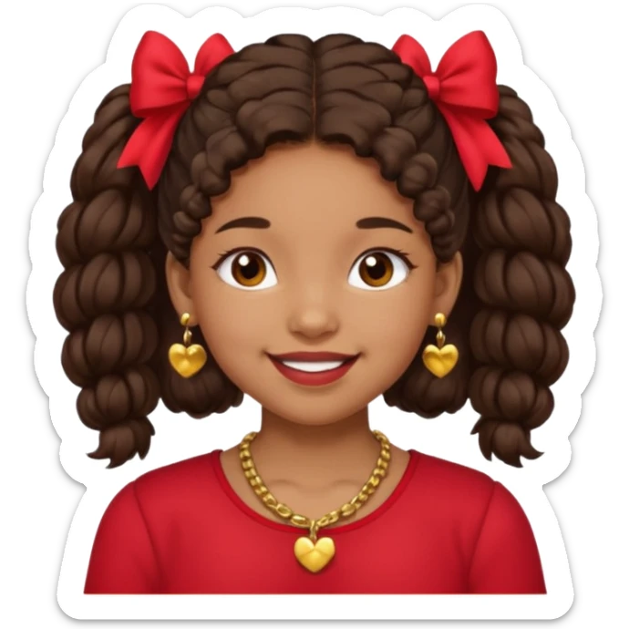 Brownskin girl dark brown hair fluffy. pigtails with red bows brown eyes smiling closed mouth red shirt gold esrrings gold necklace sticker