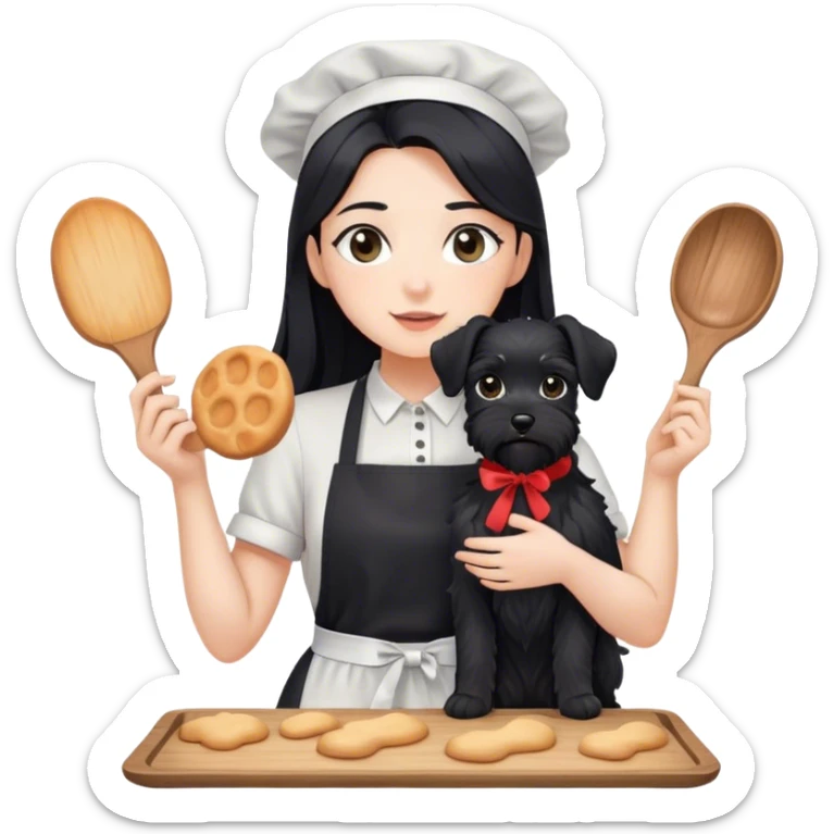 pale girl with long black hair wearing black long shirt wearing apron and baking holding black floppy ear schnauzer sticker