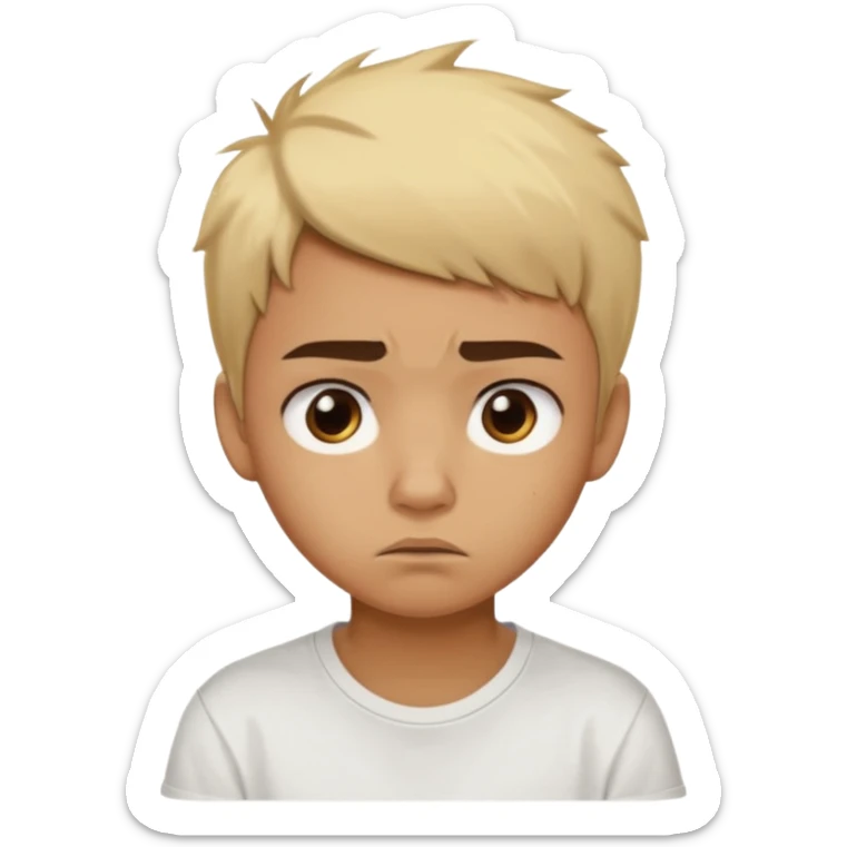 caramel skin color. Teen age. Short buzz, messy blonde hair, dark brown bushy eyebrows large expressive golden-brown eyes, brown skin color, scar over nose, wearing a plain white t-shirt. Disappointed thinking facial expression. caramel skin color sticker