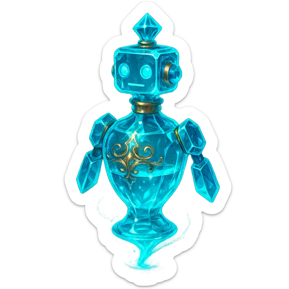 luxurious crystal elixir bottle in the shape of a robot, cyan color, lots of glowing, edges, ornaments, golden details, magical effects, very small golden collar, transparent background, beautiful merging base, clearly floating in the air, no base or shadow, premium class impression, interesting futuristic design, matching a collection of crystal, luxurious, magical bottles sticker