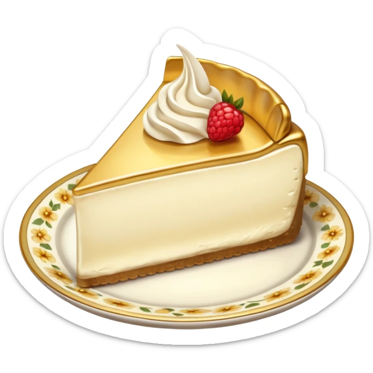 A piece of cream cheesecake on a white and golden floral plate sticker
