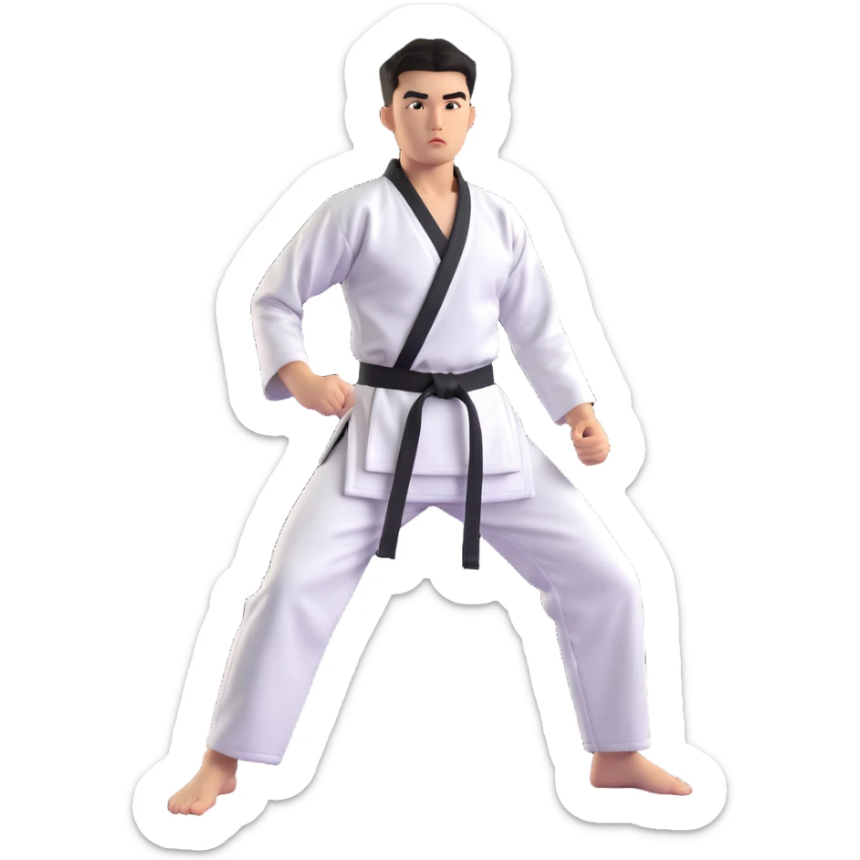 Taekwondo fighter in a ready stance, poised for action, detailed dobok uniform, black belt, intense expression sticker