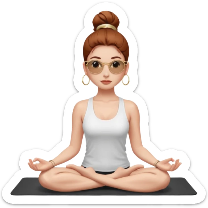 Clean girl influencer character, chest-up portrait.Sleek tight bun hair color (auburn .Natural glossy makeup, soft blush, shiny lips.Minimal white tank top, small gold hoop earrings, delicate gold necklace.Black sunglasses on head.Rolled yoga mat hanging over her shoulder. sticker
