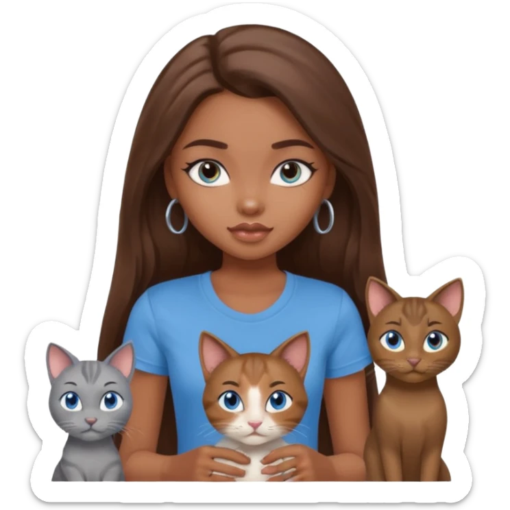 a pretty bratz dusky girl with long brown hair, blue eyes with six cats nd wearing a grey tshirt sticker