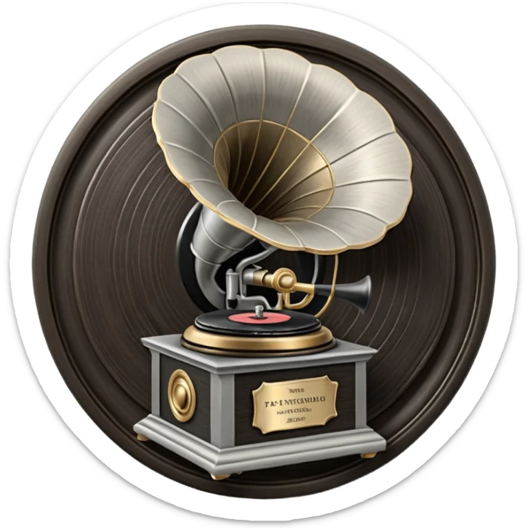 A dark metal platinum music award plaque The center features a relief of a vintage gramophone or stylized vinyl record in a slightly darker metallic tone sticker