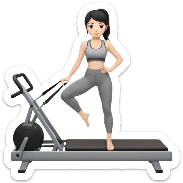 Fair-skinned black hair girl wearing grey workout set in leggings and bra doing pilates on a reformer sticker