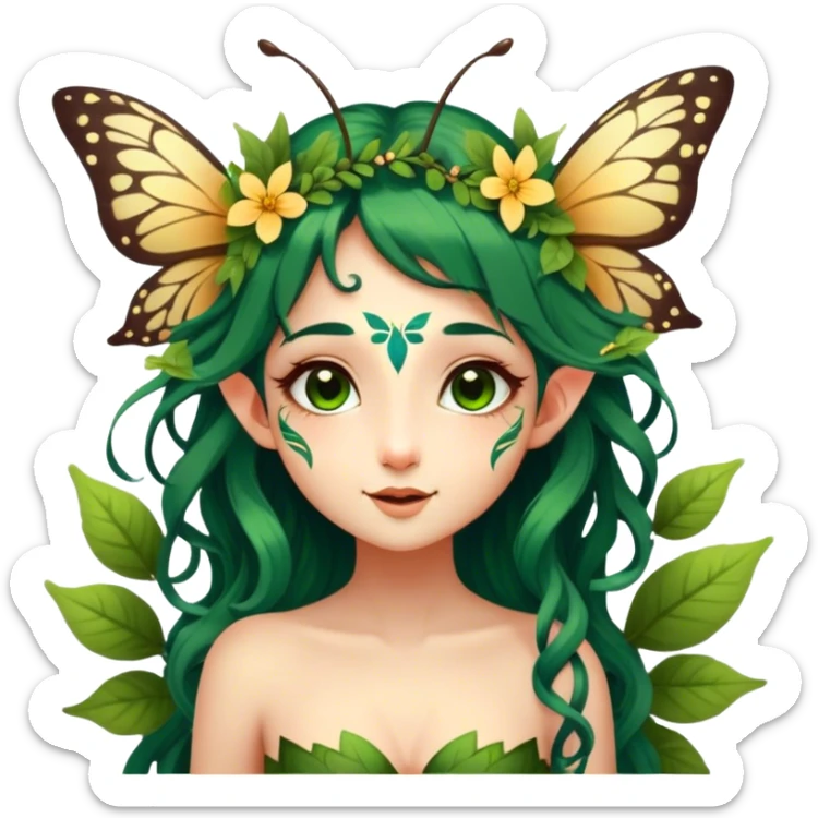 Cinematic Realistic Forest Nymph Fairy portrait, with butterfly wings and head tilted playfully and inquisitively, showcasing a nature-inspired form with intricately detailed, sunlit tanned skin and cascading dark green hair interlaced with leaves and blossoms. Her bright, curious eyes sparkle with forest mischief, rendered with lifelike clarity and warm, dappled lighting that captures the spirit of an enchanting woodland fairy ready to dance among the trees. sticker