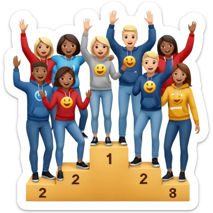 multi-racial people in jeans, t-shirts, and hoodies on a winners’ podium with the middle step higher, excited, fun, expressive emoji style sticker