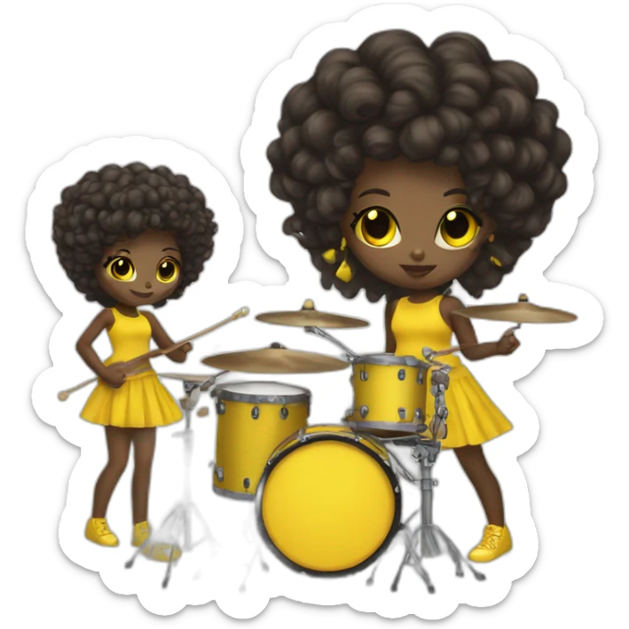 cute punk girl in yellow dress dark skin with yellow eyes and dark curvy hairs drummer sticker
