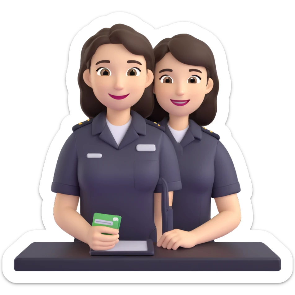 Gender-neutral cashier with shoulder-length hair, standing behind a cashier desk, smiling, wearing a neutral-colored uniform sticker