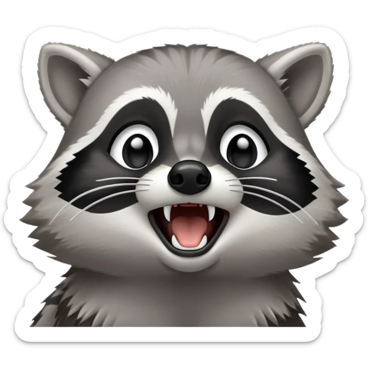 Cinematic-cute realistic- Yawning Raccoon-Portrait-Emoji – Poised and confident, wide-open yawn, revealing a soft grey with a sturdy build and a beautifully textured fur of silver-grey accented by dark black facial markings, deep-set, big black eyes, simplified yet sharp and sophisticated zoom out to show shoulders sticker