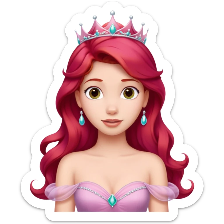 Disney human Ariel with red hair wearing a pink princess dress and tiara sticker