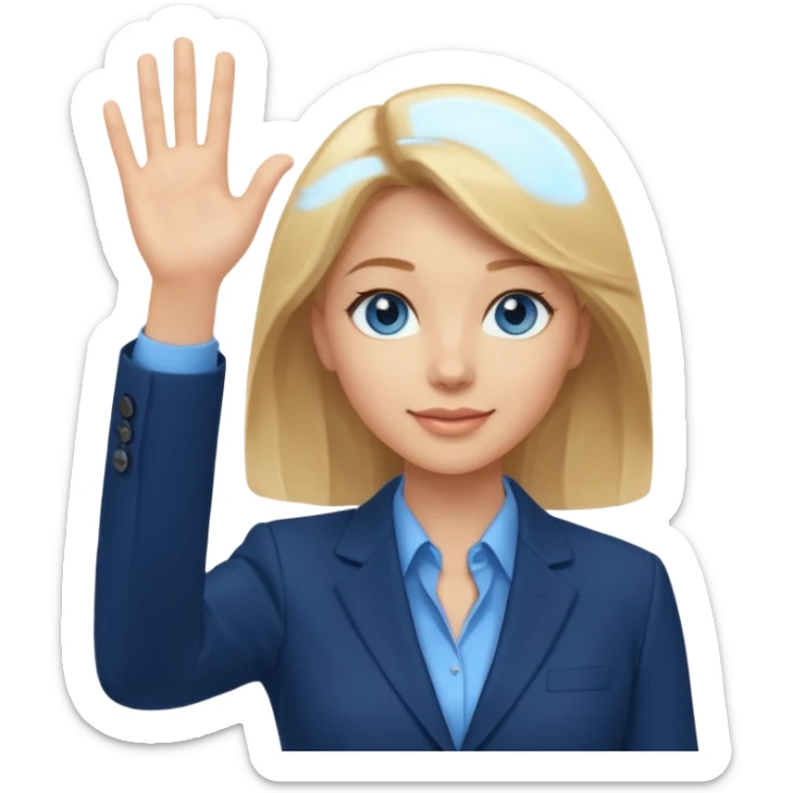 Make emoji of business woman with light skin and medium blonde hair in a dark blue business suit and light blue shirt waiving to new clients.  Woman should have sparkling blue eyes. sticker