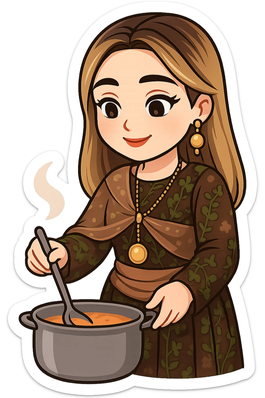 Kurdish cartoon sticker of the same woman in the new dress, cooking food in a pot, holding a spoon, happy and focused, no text, transparent background sticker