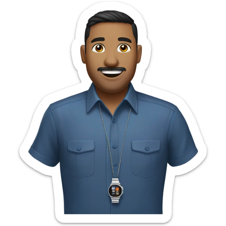navajo  emoji of a man with short dark hair, clean-shaven, goatee and mustache.  wearing a formal button-up DARK blue shirt,  smiling  with a smartwatch on his wrist. and small silver chain necklace  resemble professional attire. smaller eyes  sticker
