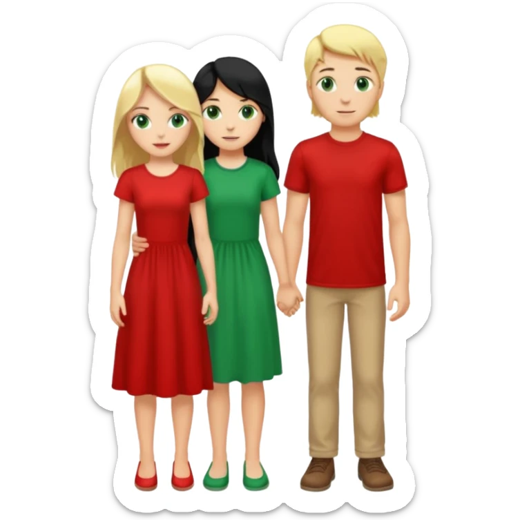 full-length couple, girl with long black hair and green eyes in red dress, boy with blonde hair in white t-shirt sticker