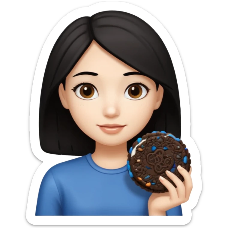 Girl with shoulder-length black hair, holding an oreo cookie in her hand sticker