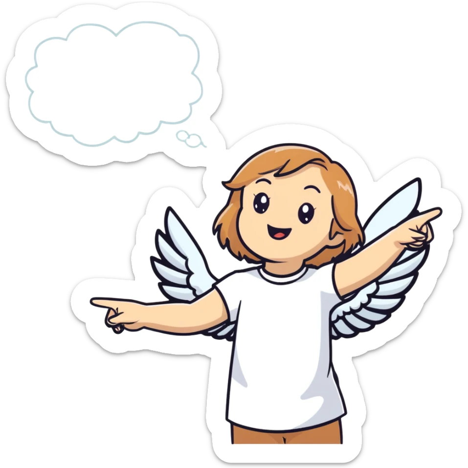 girl with light brown shoulder-length hair and white wings joyfully pointing to the sky sticker