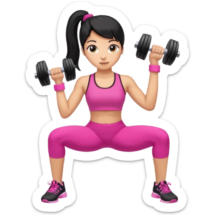 A tan girl with black hair in a ponytail. Wearing a pink gym set. Picking up dumbells sticker
