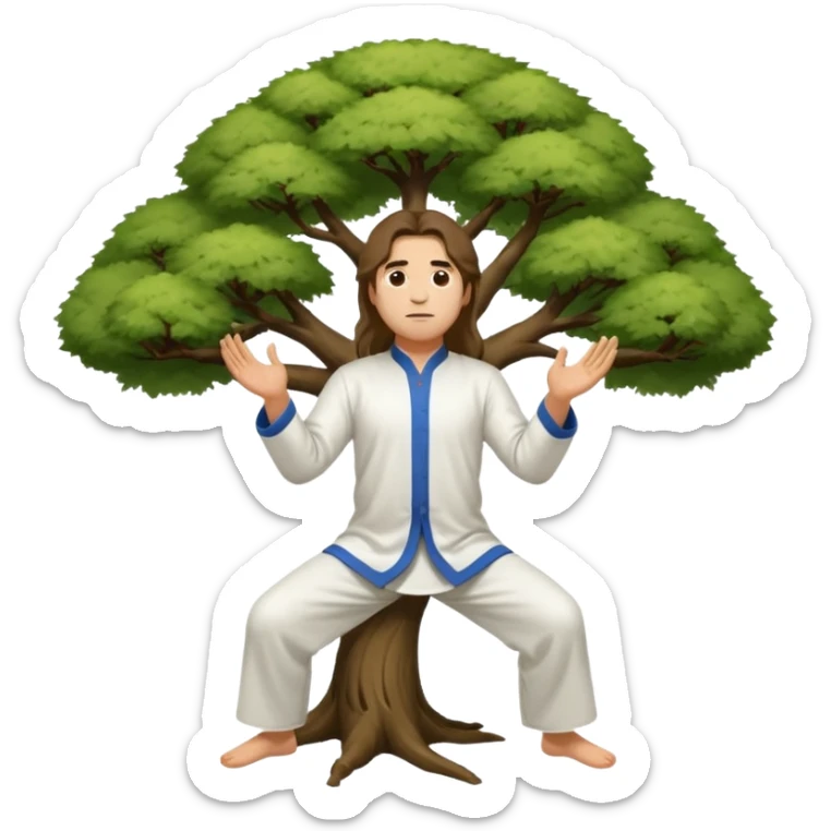 pratiquant de qi gong, homme aux cheveux long, en position de l'arbre, en tenue noire ou blanche sticker