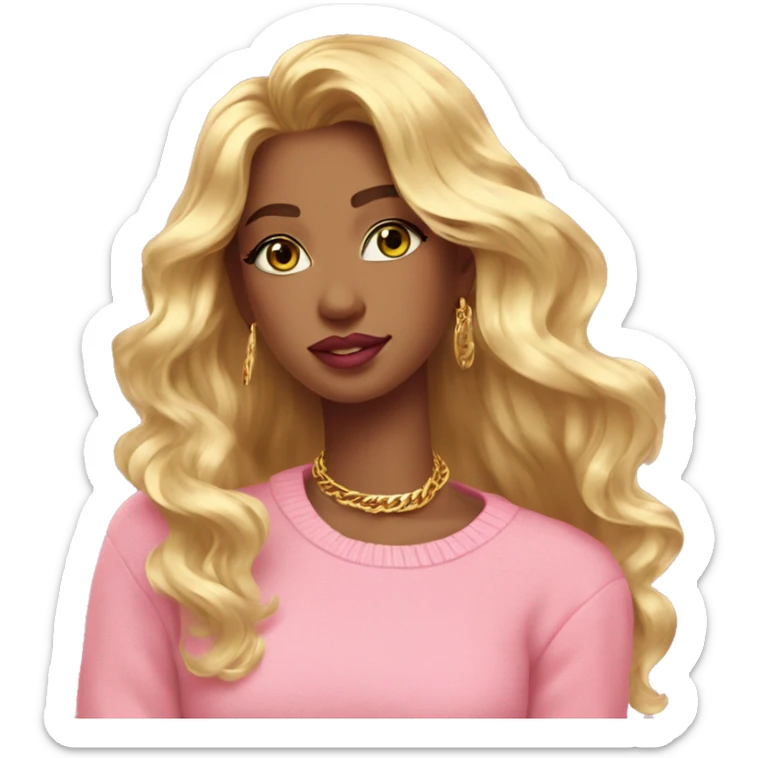 girl pink sweater pink lipstick green eyes gold earrings pink nails golden wavy long hair full body sticker