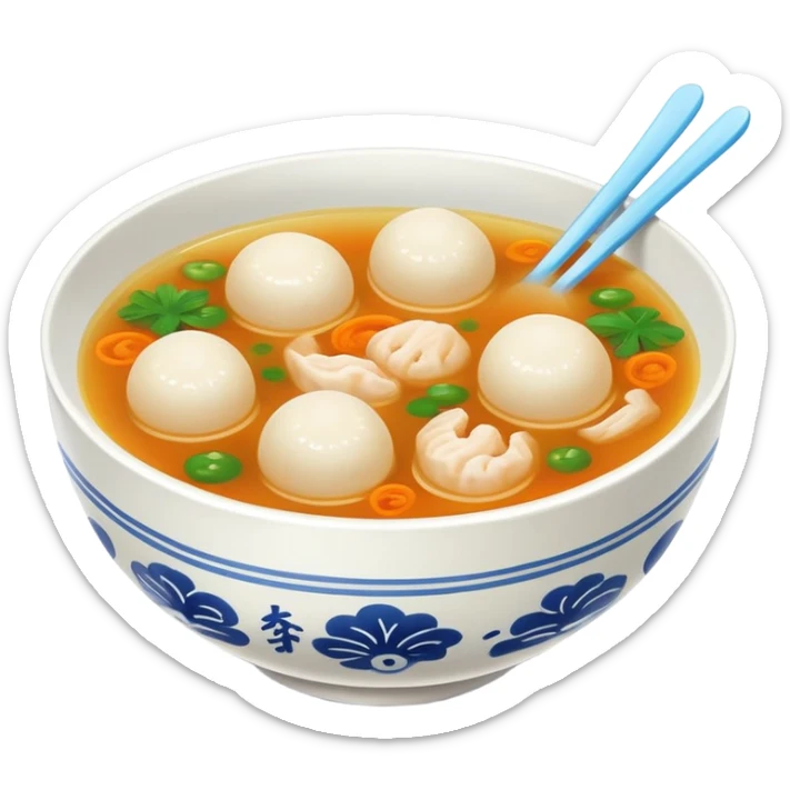 Fujian fish ball soup with clear broth in bowl, simplified emoji style with bold outlines and bright colors, cartoon style Southern Chinese breakfast Yu Wan Tang sticker