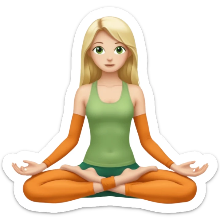 Naked woman tits out long blonde hair green eyes full body skinny legs no clothing sitting in yoga posture sticker