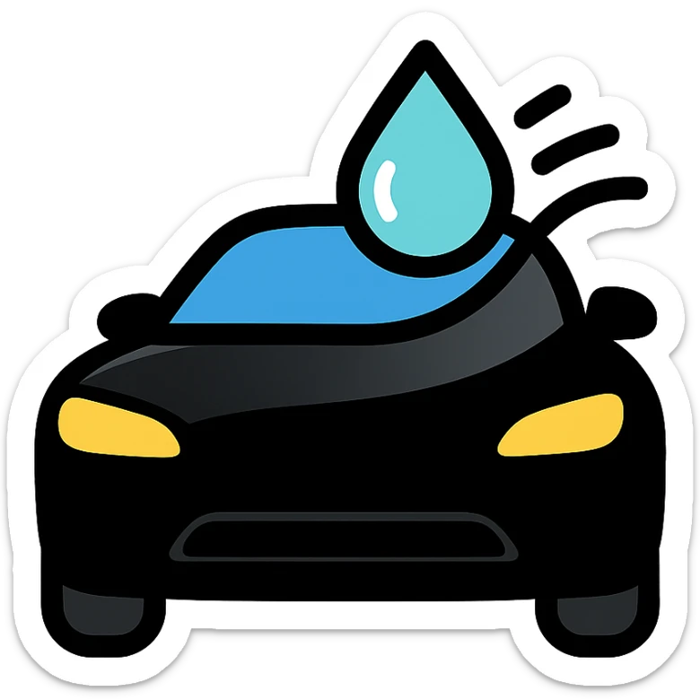 full high-end vehicle icon with glossy black mirror-like paint, water droplet sliding on the hood or roof, subtle repellent effect with water lines moving away, modern and clean style sticker