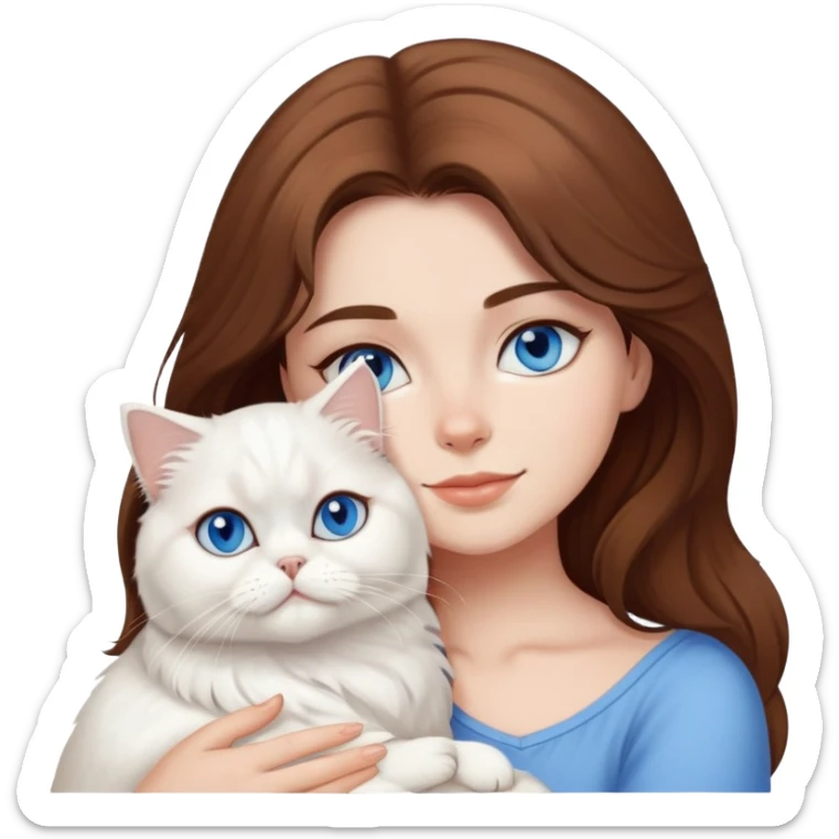 girl with brown hair cuddling a white persian cat with blue eyes sticker
