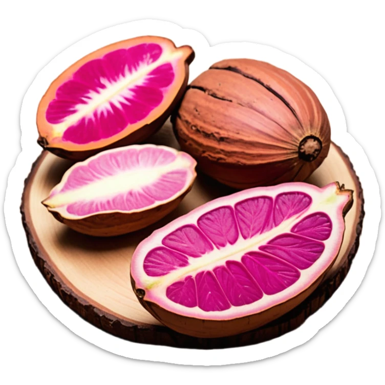 Una miniatura fotorrealista de un trozo de manteca de cacao pura y una pequeña rosa seca sobre una superficie de madera rústica y cálida. La luz debe resaltar la textura de la manteca. Colores: tonos tierra, marrón, terracota y rosa suave. Estilo: plano y orgánico sticker