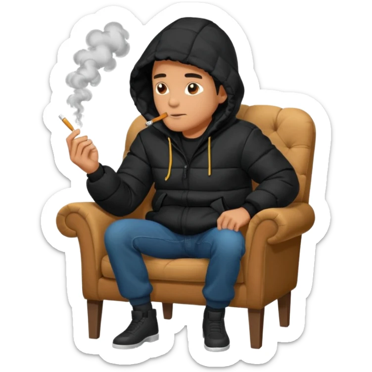 A man sitting on a chair, wearing a black puffed coat with hood, hands in his pocket, smoking a cigaret, he is on a chair i sticker