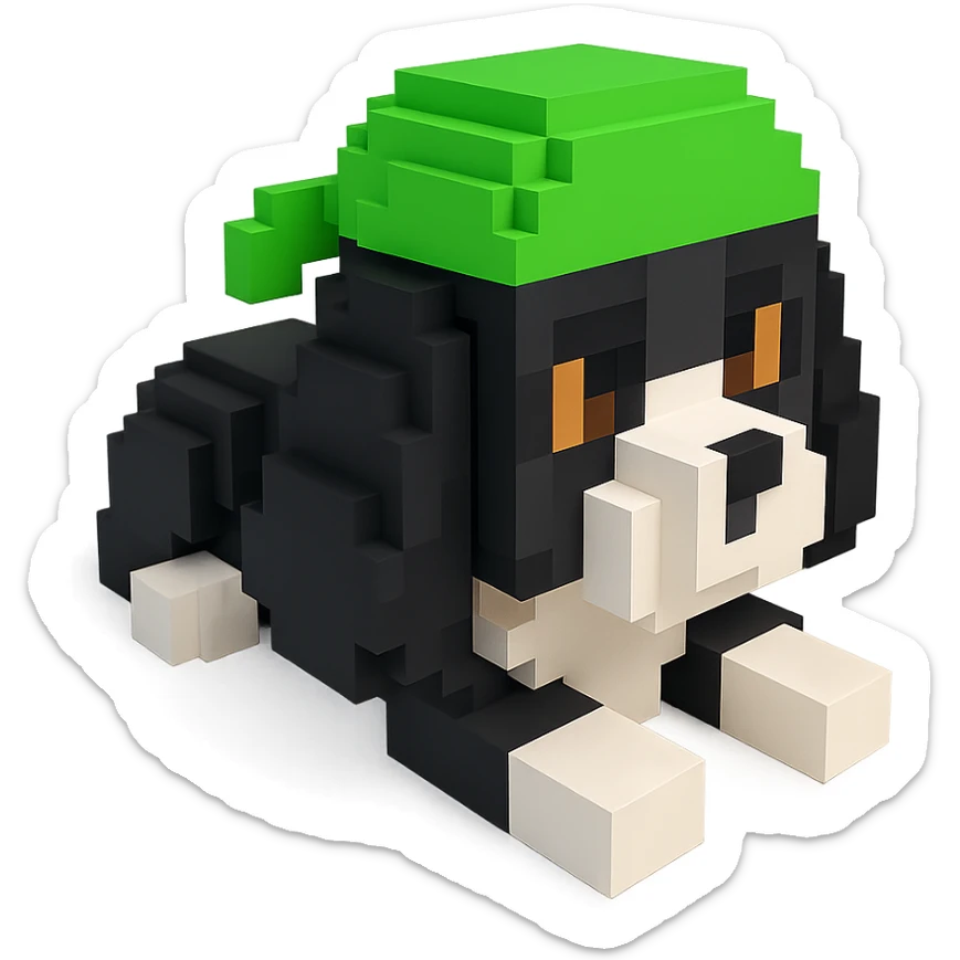 A black and white Russian Cocker Spaniel puppy wearing a green durag, voxel style, lying down sticker