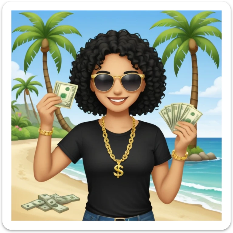 Mixed-race person with curly hair smiling, wearing black t-shirt, necklace and sunglasses, holding dollar bills in both hands, at beach with palm trees sticker