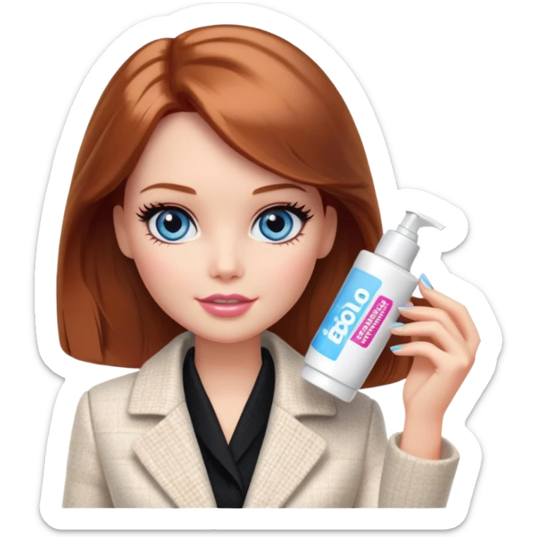 A Barbie girl with blue eyes, shoulder-length reddish-brown hair, made-up, in a white tweed jacket and black skirt, holding a tube of pale beige face cream sticker