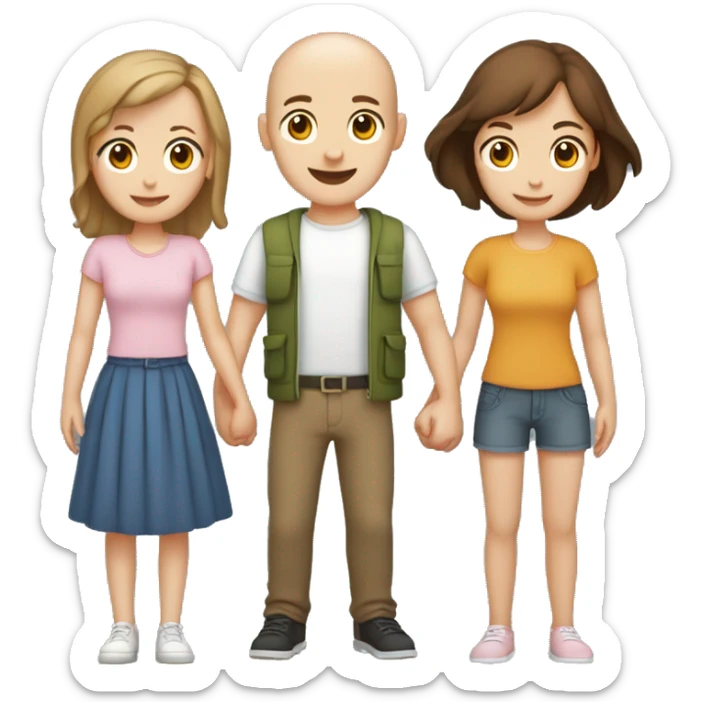 Two girls and one guy holding hands, both girls white skin, one girl brown hair, other girl no hair, guy is standing in the middle and has short brown hair sticker
